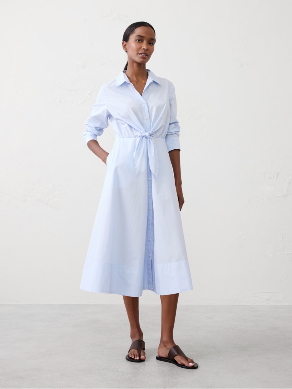 Light Blue Cotton Poplin Shirt Dress Petite M Midi Tie Waist A-Line Minimalist